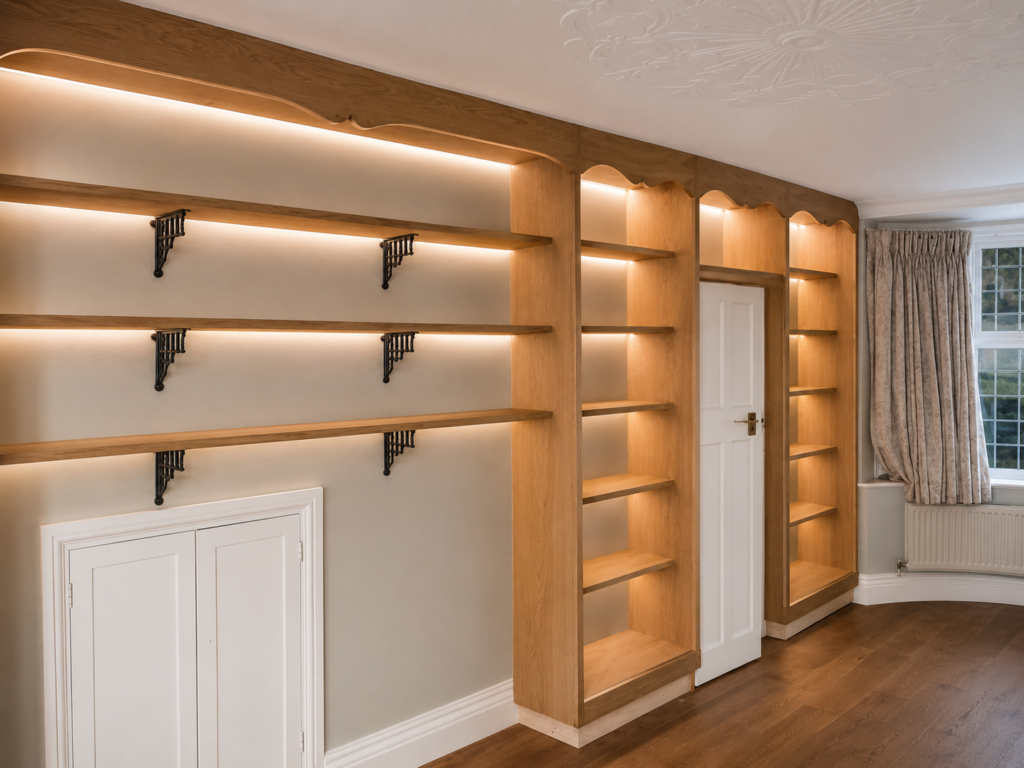 Bespoke fitted shelving with solid oak detailing and integrated lighting